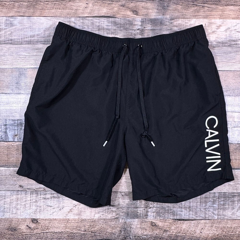 Calvin Klein Mens Swim Trunks‎ Black Logo Board Shorts XL Mesh Lining Drawstring
